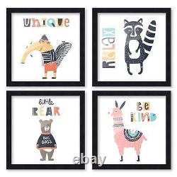 10x10 Framed Nursery Wall Art Set of 4 Be Kind Animal Prints in Black Wood Frame