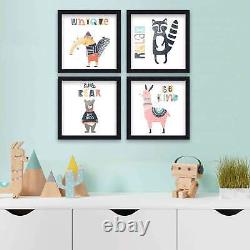 10x10 Framed Nursery Wall Art Set of 4 Be Kind Animal Prints in Black Wood Frame