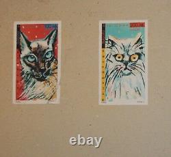 1999 Postal Stamps Cat Design Set Print And Gouache Painting