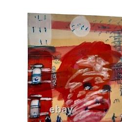 2 Dog Man of NY Peter Mayer Cityscape Acrylic Paintings Original Signed 1987