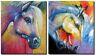 2 Oil Paintings Set Wild Colourful Horses Animal Wall Art On Canvas