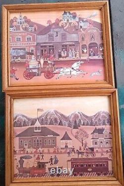 2 vintage framed Joanne Case 81&82 folk art primitive prints town fire wagon