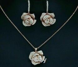 2Ct Round Cut Moissanite Rose Flower Earring Pendant Set 14K Rose Gold Finish