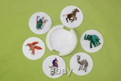 3.5x3.5 Marble Dining Coaster Set Of 6 Pcs, Multi Stone Animals Design Art Set