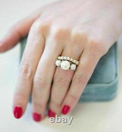 3 CT Simulated Pearl Wedding Engagement Bridal Band Ring 925 Silver Gold Plated