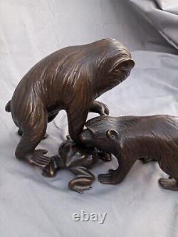 3pc Meiji Period Bronze Monkey w Frog Grouping interlocking Sculpture 5.5