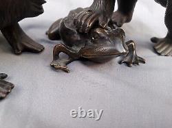 3pc Meiji Period Bronze Monkey w Frog Grouping interlocking Sculpture 5.5