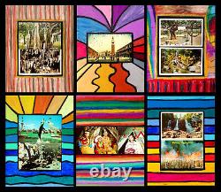 6 PIECE SET Original Art Drawing + Vintage Postcard Collage 9x12 Lot RARE UNIQUE