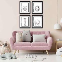 8x10 Framed Nursery Wall Art Set of 4 Black & White Animal Prints with White Mat