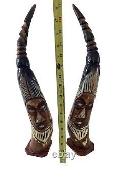African Animal Horns Hand Carved 17 inch high Art set of 2 rare exotic stunning