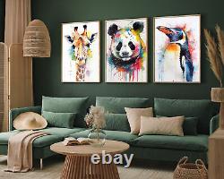 Animal Paintings Giraffe, Panda, Penguin Poster Art Print Set of Three