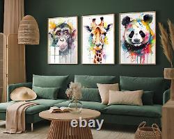 Animal Watercolour Paintings, Monkey Giraffe Panda Set of Three Poster Art Print