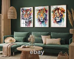 Animal Watercolour Paintings, Tiger, Cheetah, Lion Set of Three Poster Art Print