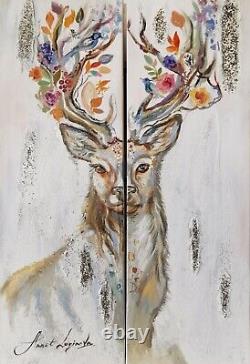 Animals Print set, Deer painting on canvas, Norwegian wall art