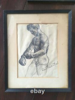 Antique Set of Original David Fredenthal Drawings Boxer, Portrait, Card Game