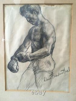Antique Set of Original David Fredenthal Drawings Boxer, Portrait, Card Game