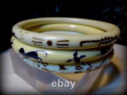 Art Deco Celluloid Painted Animals Birds Flowers Set of 3 Stacking Bangle