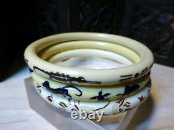 Art Deco Celluloid Painted Animals Birds Flowers Set of 3 Stacking Bangle