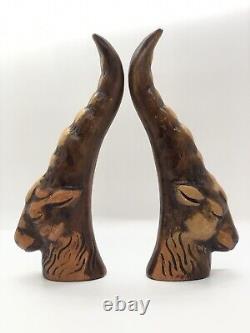Art Pottery Gazelle Horn Heads Ceramic Figurines Set of Two Antelope MCM