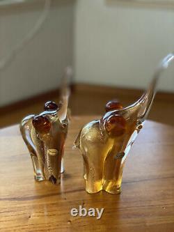 Beautiful Murano Gold Fleck 24k Elephants Set Of 2 Signed Italian Art Glass