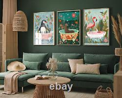 Botanical Bath Animal Art Prints, Set of Three Penguin, Flamingo Painting Poster