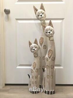 Cats Wood Statue Set of 3 Metal Spring Moving Neck Art 40x34x24 ZENDA IMPORTS