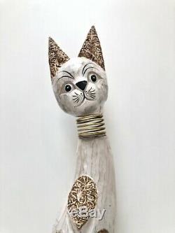 Cats Wood Statue Set of 3 Metal Spring Moving Neck Art 40x34x24 ZENDA IMPORTS