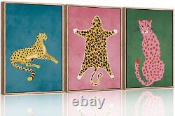 Cheetah Animals Framed Canvas Wall Art Set, Leopard Preppy Room Wall Decor, M