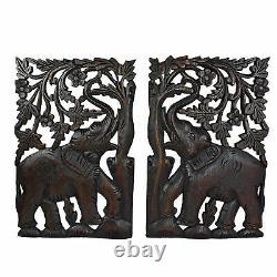 Couple Elephant Hand Carved Wood Wall Art Panel Set Thai Craftman