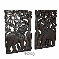 Couple Elephant Hand Carved Wood Wall Art Panel Set Thai Craftman