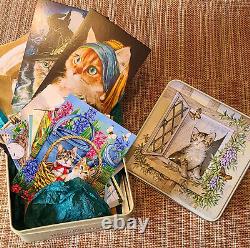 Cute Drawing Cat Kitty Collectible GIFT TIN & 60 IMPORT POSTCARDS SET RUSSIAN
