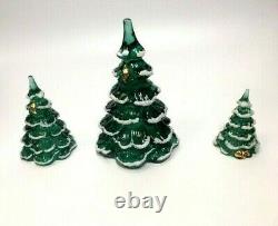 FENTON Art Glass Green Flocked Christmas Trees Set of three L M S