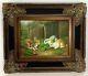 Fabulous Vintage 3 Bunnies In The Yard Oil On Canvas Painting Signed & Framed