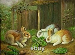 Fabulous Vintage 3 Bunnies In The Yard Oil on Canvas Painting Signed & Framed