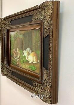 Fabulous Vintage 3 Bunnies In The Yard Oil on Canvas Painting Signed & Framed