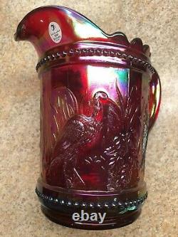 Fenton Art Glass Red Carnival Pitcher & tumblers 2005 Stork & Rushes Water Set