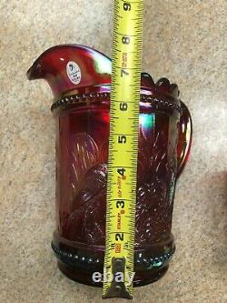 Fenton Art Glass Red Carnival Pitcher & tumblers 2005 Stork & Rushes Water Set