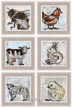 Framed Farm Animal Art Set Watercolor Painting Sheep Cow Hen Bumblebee Painting