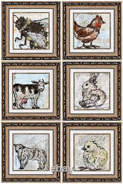 Framed Farm Animal Art Set Watercolor Painting Sheep Cow Hen Bumblebee Painting