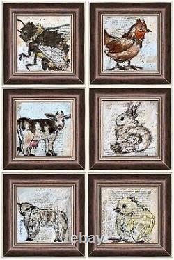 Framed Farm Animal Watercolor Painting Set Sheep Cow Hen Chicken Bumblebee Bunny