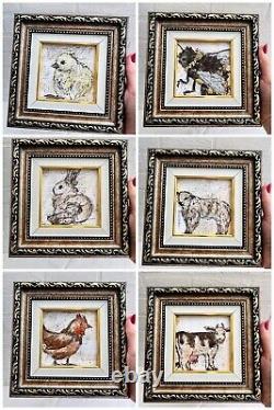 Framed Farm Animal Watercolor Painting Set Sheep Cow Hen Chicken Bumblebee Bunny
