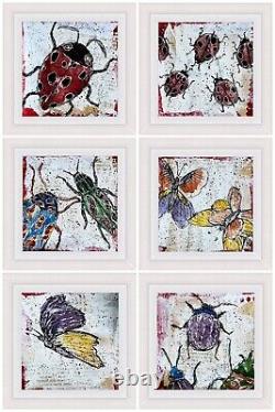 Framed Insect Art Set Beetles Butterfly Ladybug Original Watercolor Painting Lot