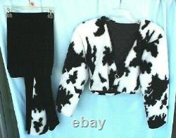 Fur Coat Cropped Jacket & Velvet Pants Set, Black & White Pony Print Faux Fur