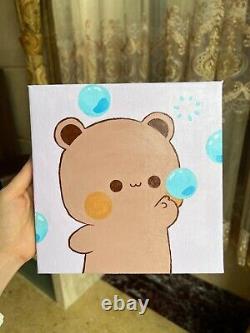 Handmade Cute Couple Bear Canvas Acrylic Painting, Wall Decor, Girlfriend Gift
