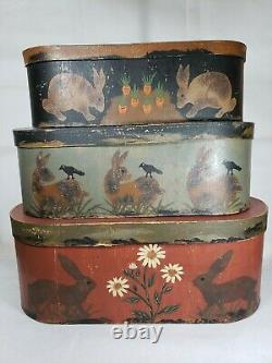 Jeanette McVay Folk Art Tole Hand Painted Set of 3 Nesting Band Boxes Signed
