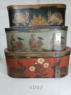 Jeanette McVay Folk Art Tole Hand Painted Set of 3 Nesting Band Boxes Signed