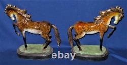 Marius Bronze Horse Front Leg Lifted Statue Marble Base Set of Bookends, 14 5/8