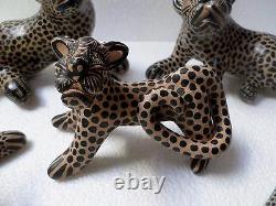Mexican Folk Art Amatenango Chiapas Handmade Clay Pottery Jaguar Cat Animal Set