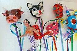 Mexican Folk Art Paper Mache Maraca Rattle Set Cow Cat Devil Mermaid