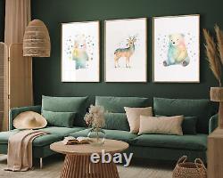 Minimalist Kids Nursery Animals, Set of Three Art Print Poster Painting, Deer